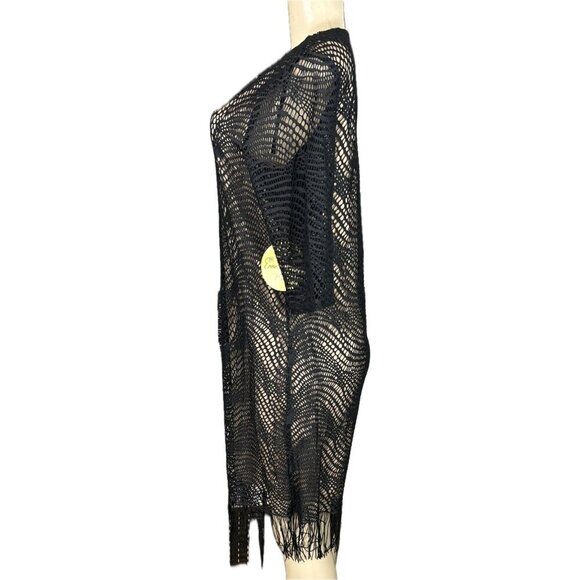 Emma & Michele M Black Openwork Nude Lined Fringe Hemline 3/4 Sleeve Knee Dress - Picture 5 of 6